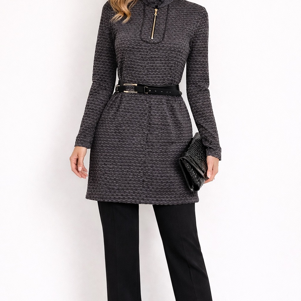 Etcetera Blue/Gray with Brown Leather Collar Long Sleeve Tunic & Belt